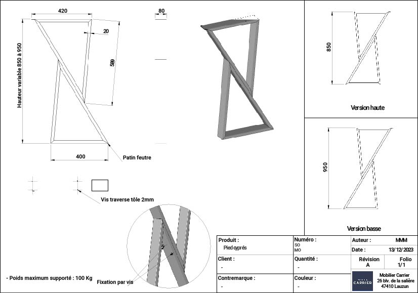 Fiche Technique CYPRES. Pieds réglage à hauteur de 85 cm à 95 cm